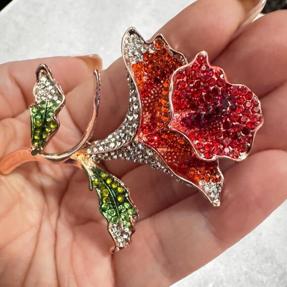 Red Orange Rhinestone Rose Brooch Floral Statement Pin Green Leaves Vintage Styl - Picture 4 of 4